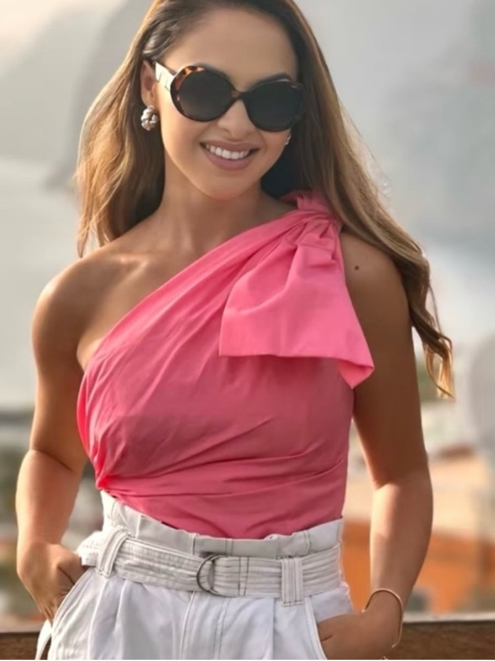 Zara Pink One-Shoulder Bow Top